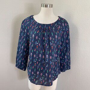 Boden Womens 10 Lavinea Linen French Navy Dog Walker Print Top 3/4 Sleeve